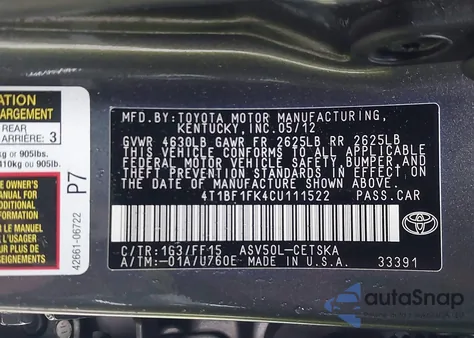 2012 Toyota Camry Se z USA, uszkodzony, nr VIN 4T1BF1FK4CU111522